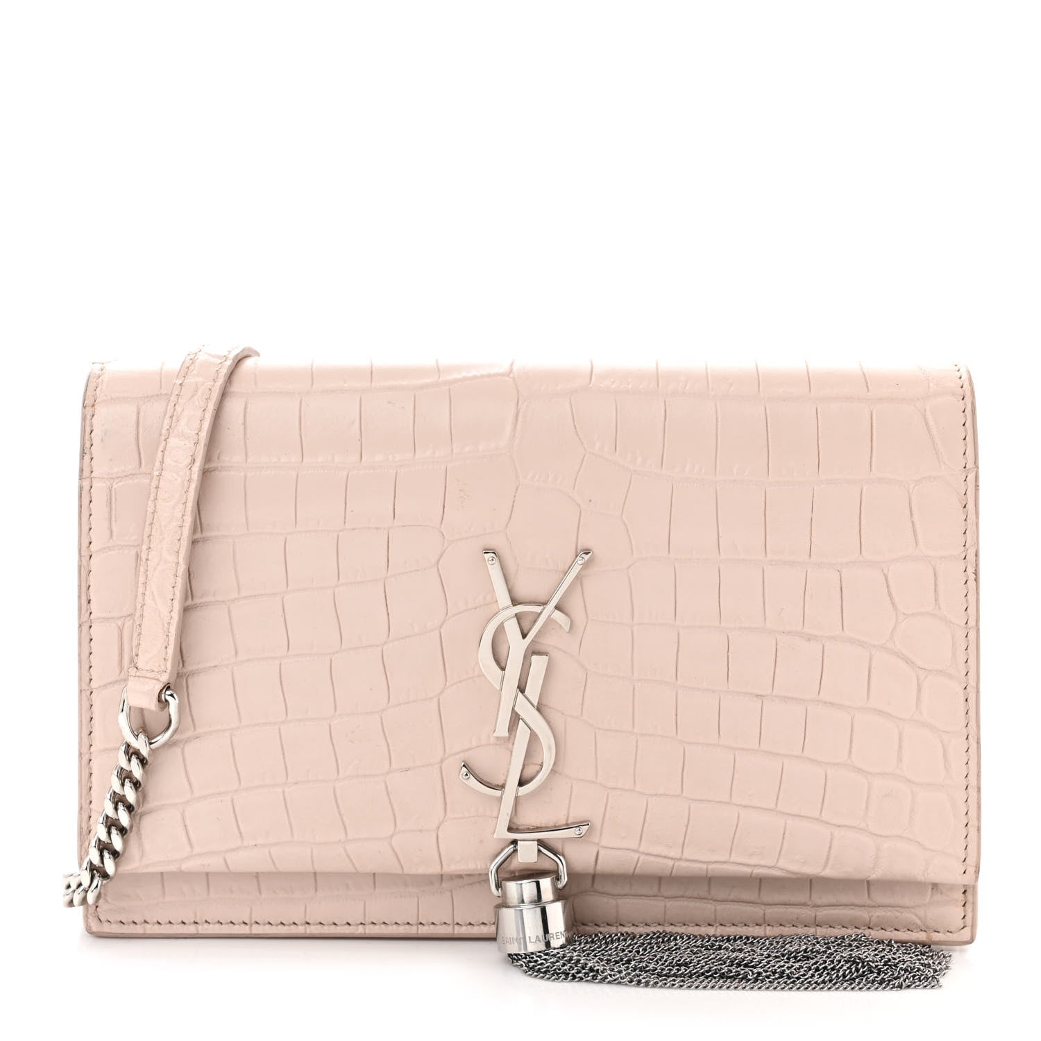 Saint Laurent Calfskin Crocodile Embossed Kate Monogram Tassel Chain Wallet Marble Pink 1 of 12