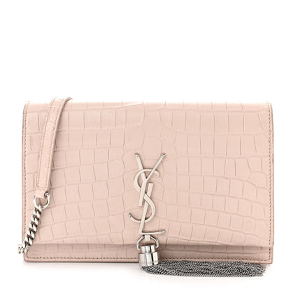 Saint Laurent Calfskin Crocodile Embossed Kate Monogram Tassel Chain Wallet Marble Pink 1 of 12