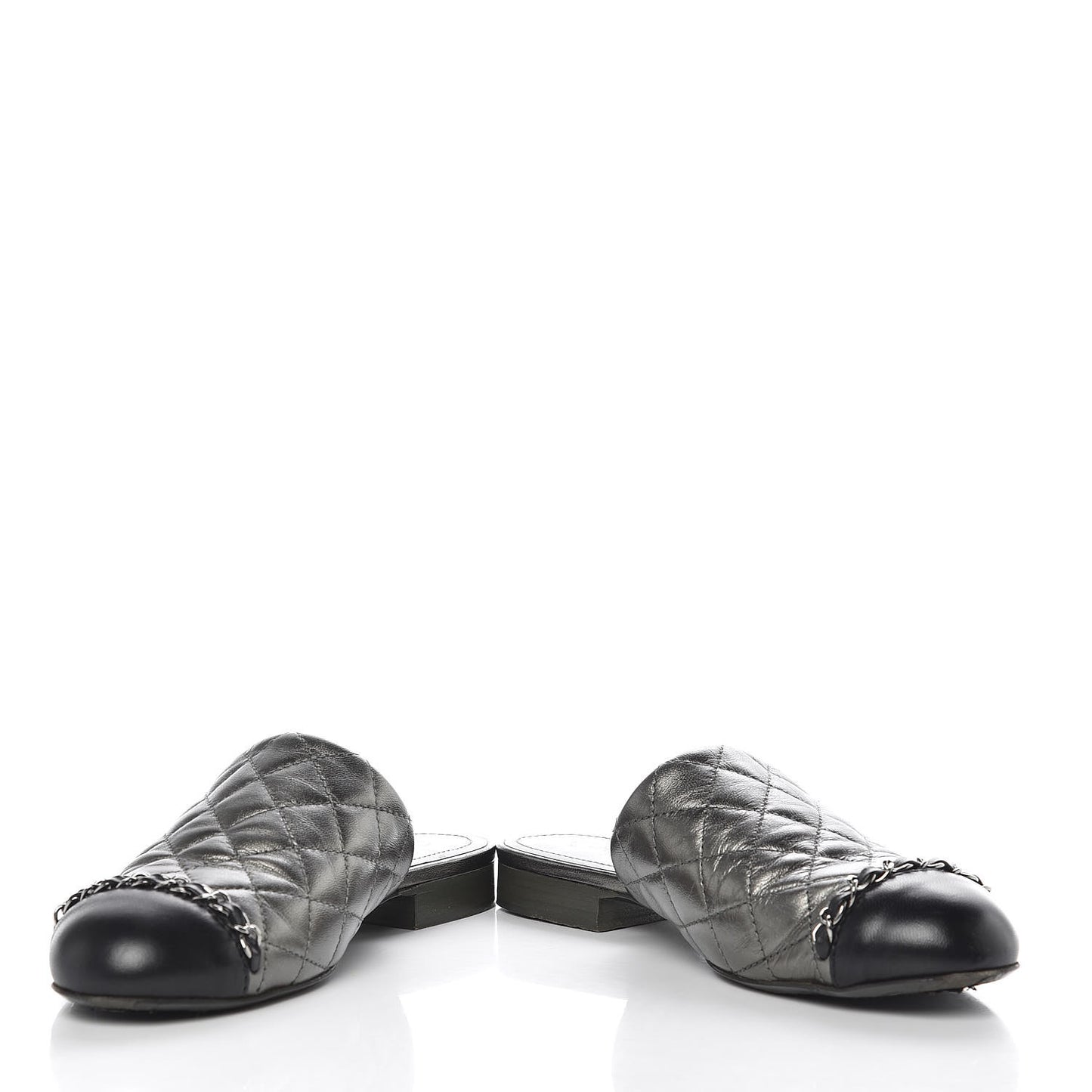 Iridescent Lambskin Quilted CC Chain Mules 35 Silver Black