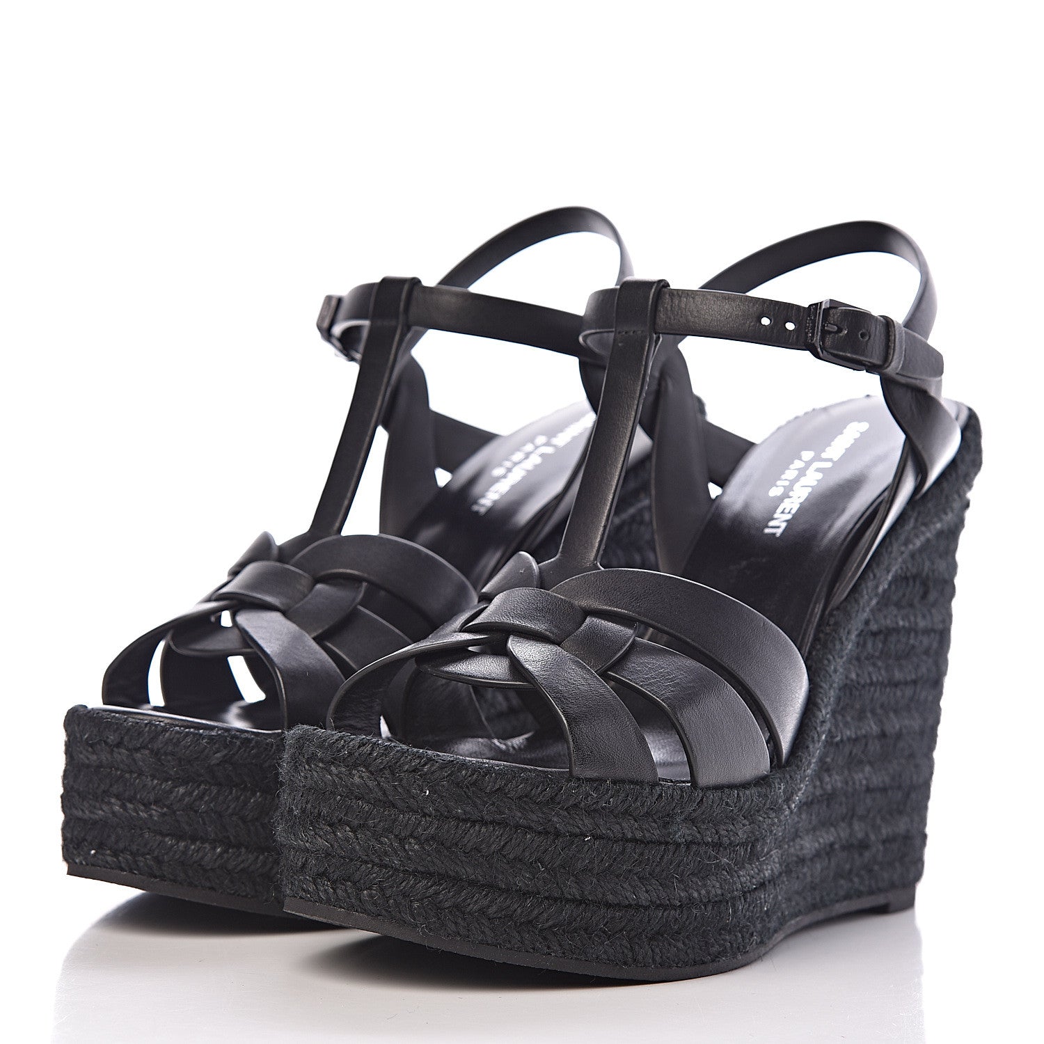 Saint Laurent Calfskin Tribute 95 Platform Espadrille Wedge Sandals 38.5 Black 3 of 9