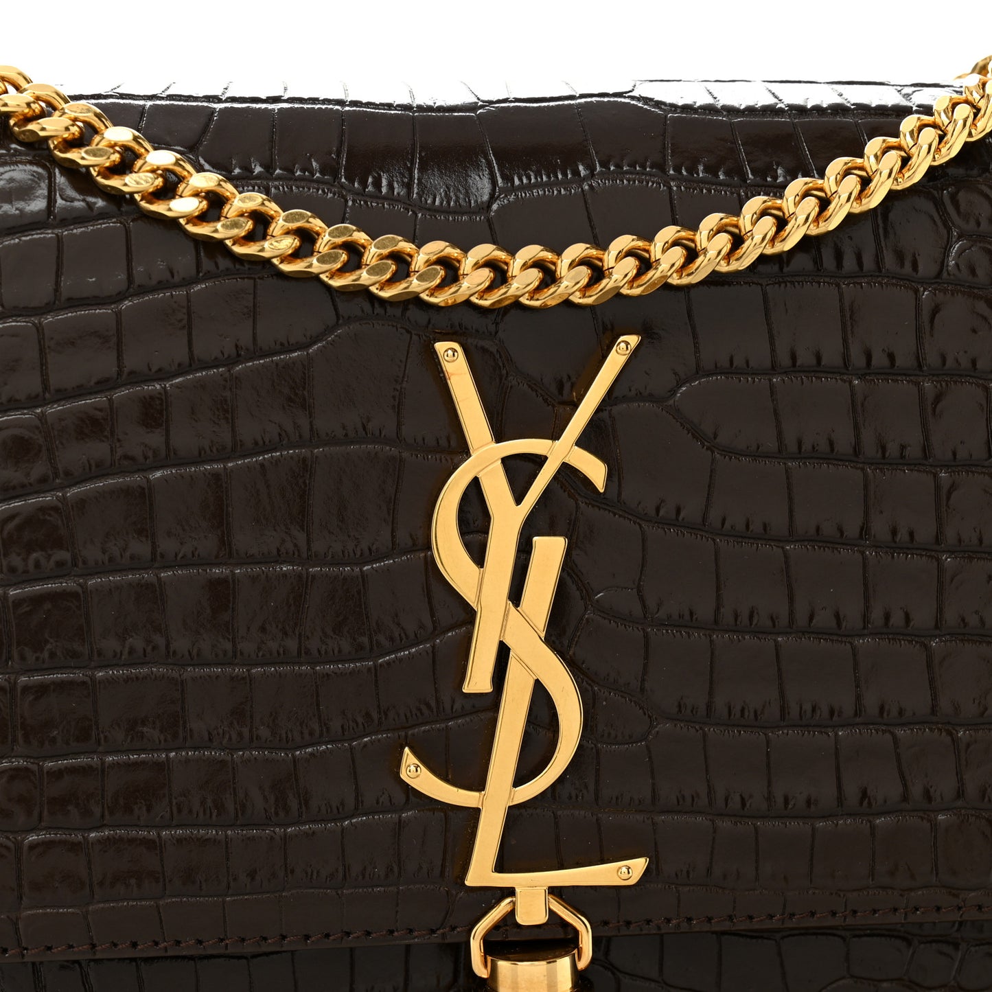 Calfskin Crocodile Embossed Small Classic Monogram Kate Tassel Satchel Dark Brown