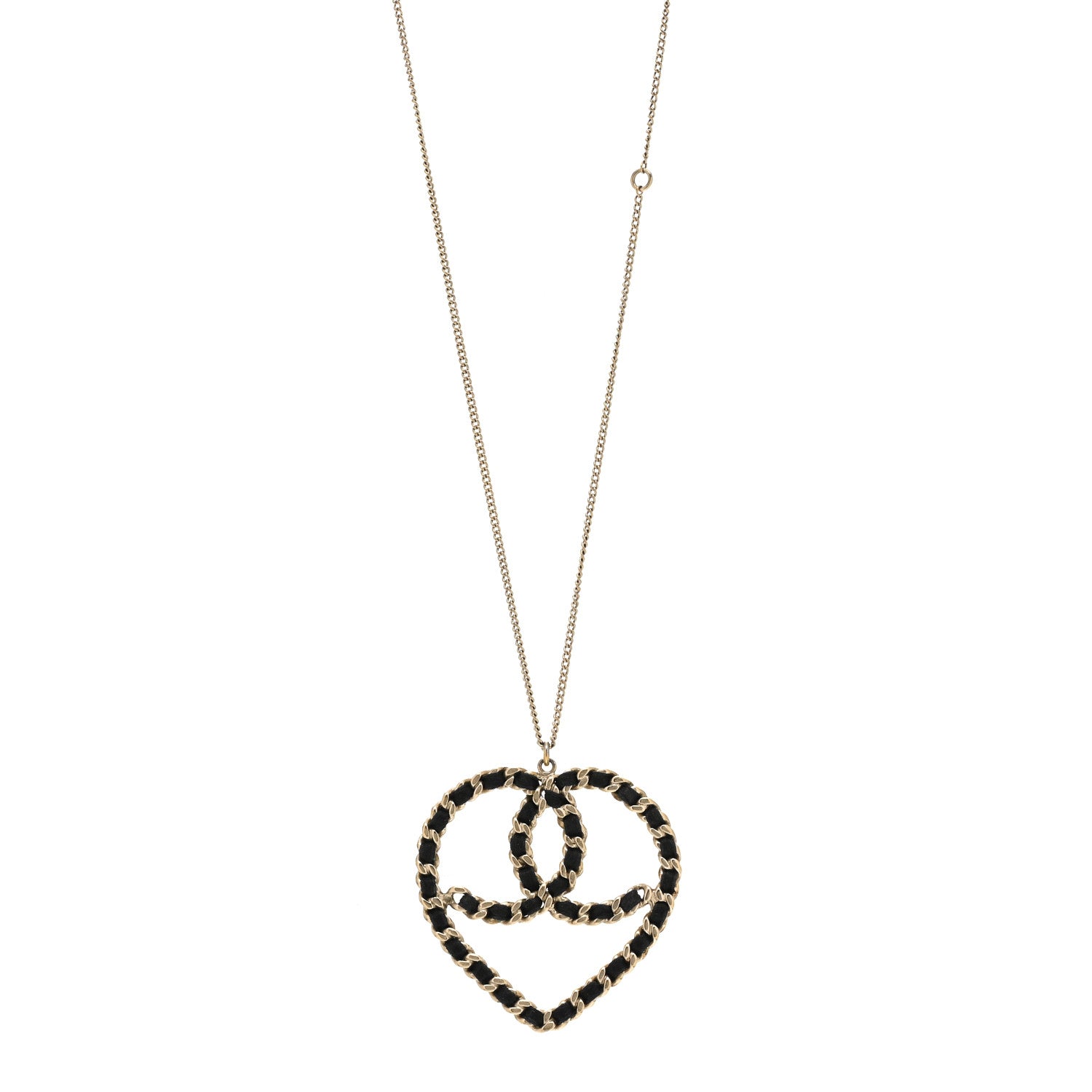 Chanel Satin CC Heart Chain Necklace Black Light Gold 1160158 ...