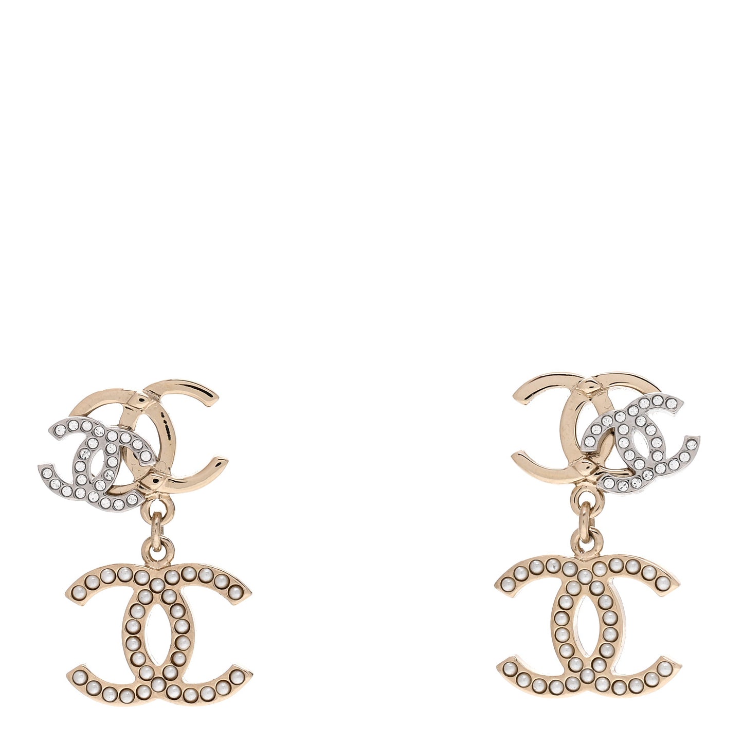 Crystal Pearl Double CC Drop Earrings Gold Silver