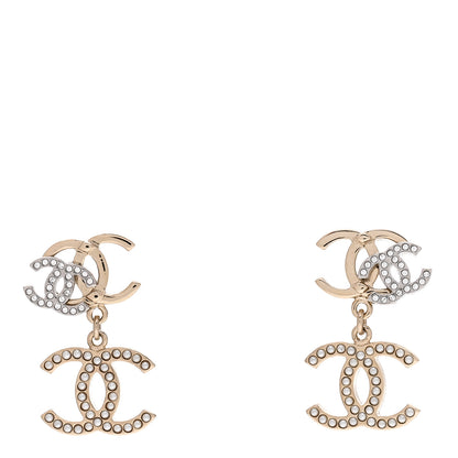 Chanel Crystal Pearl Double CC Drop Earrings Gold Silver 1 of 4