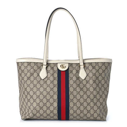 Gucci GG Supreme Monogram Textured Dollar Calfskin Web Medium Ophidia Shopping Tote Beige Ebony Mystic White 1 of 11