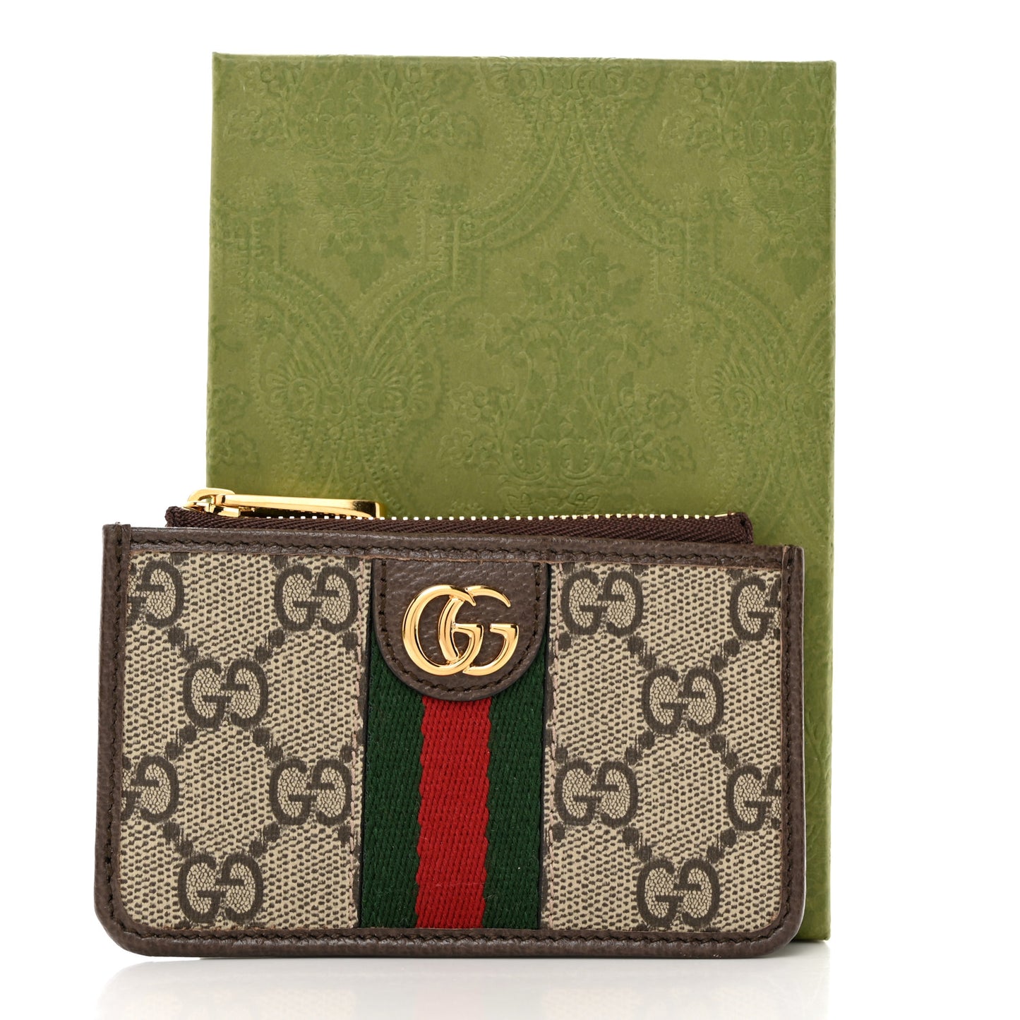 GG Supreme Monogram Web Ophidia Zip Card Case Brown