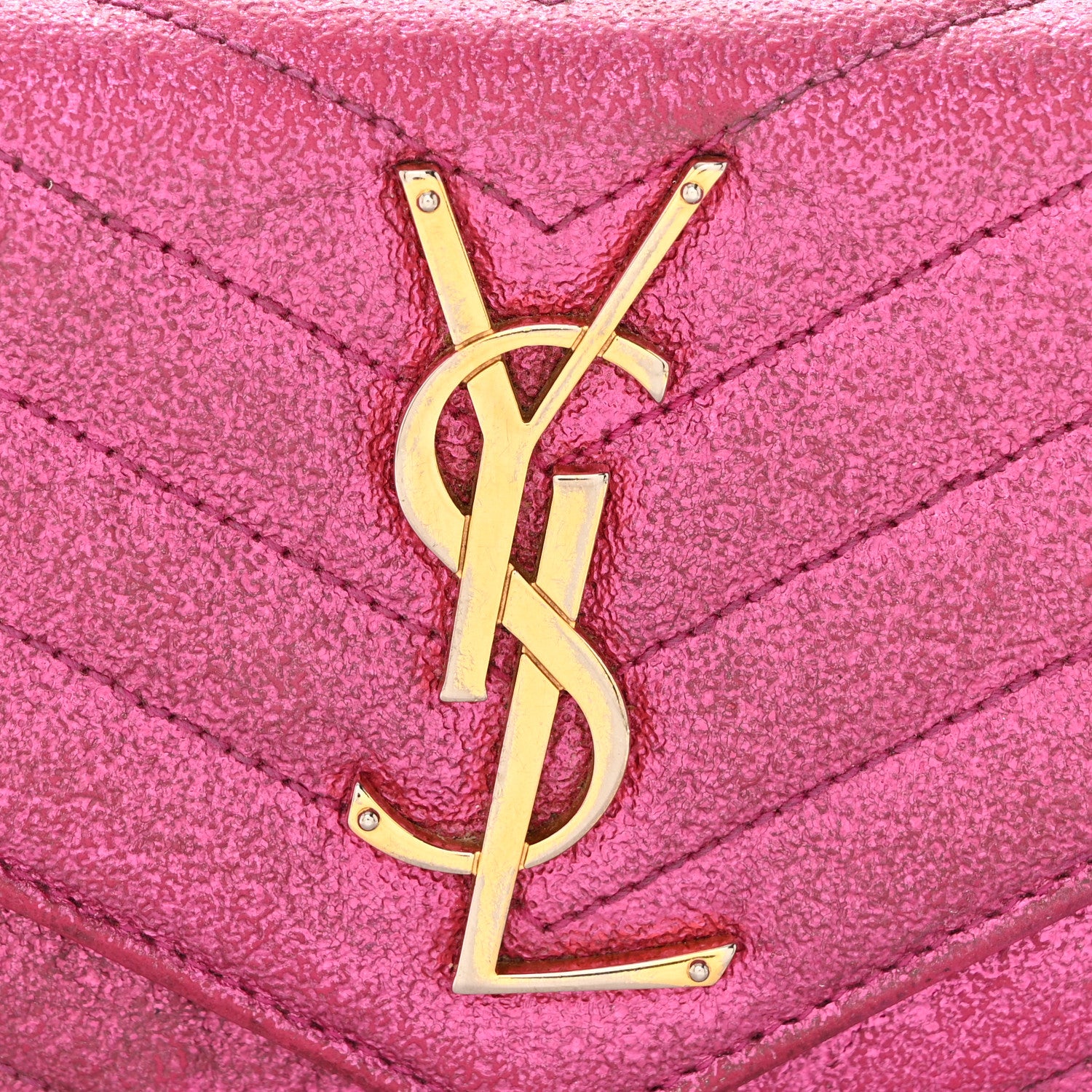 Saint Laurent Metallic Crackled Calfskin Matelasse Chevron Monogram Flap Wallet Fuchsia 8 of 10