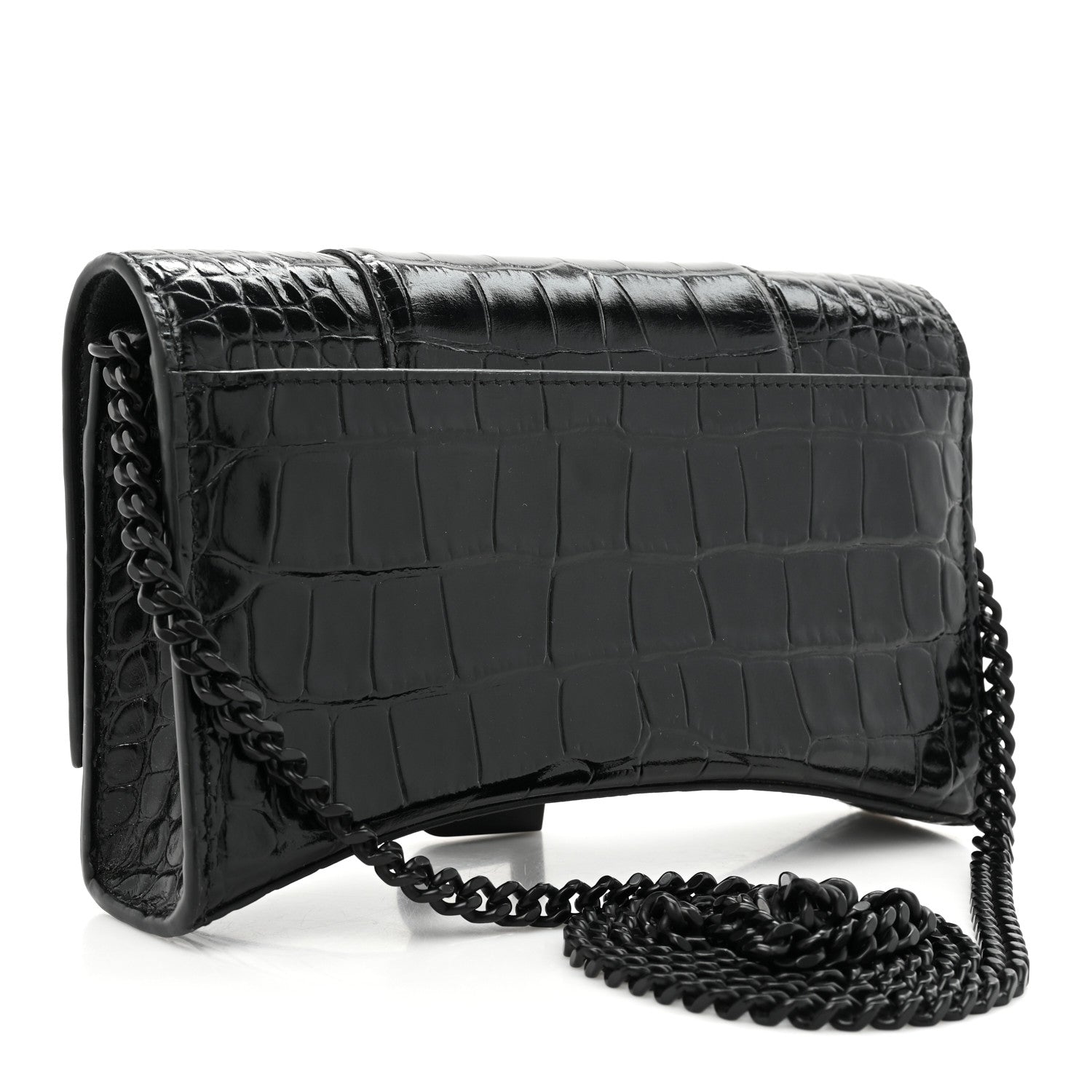 Balenciaga Shiny Calfskin Monochrome Crocodile Embossed Small Hourglass Evening Chain Bag Black 3 of 10
