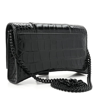 Balenciaga Shiny Calfskin Monochrome Crocodile Embossed Small Hourglass Evening Chain Bag Black 3 of 10