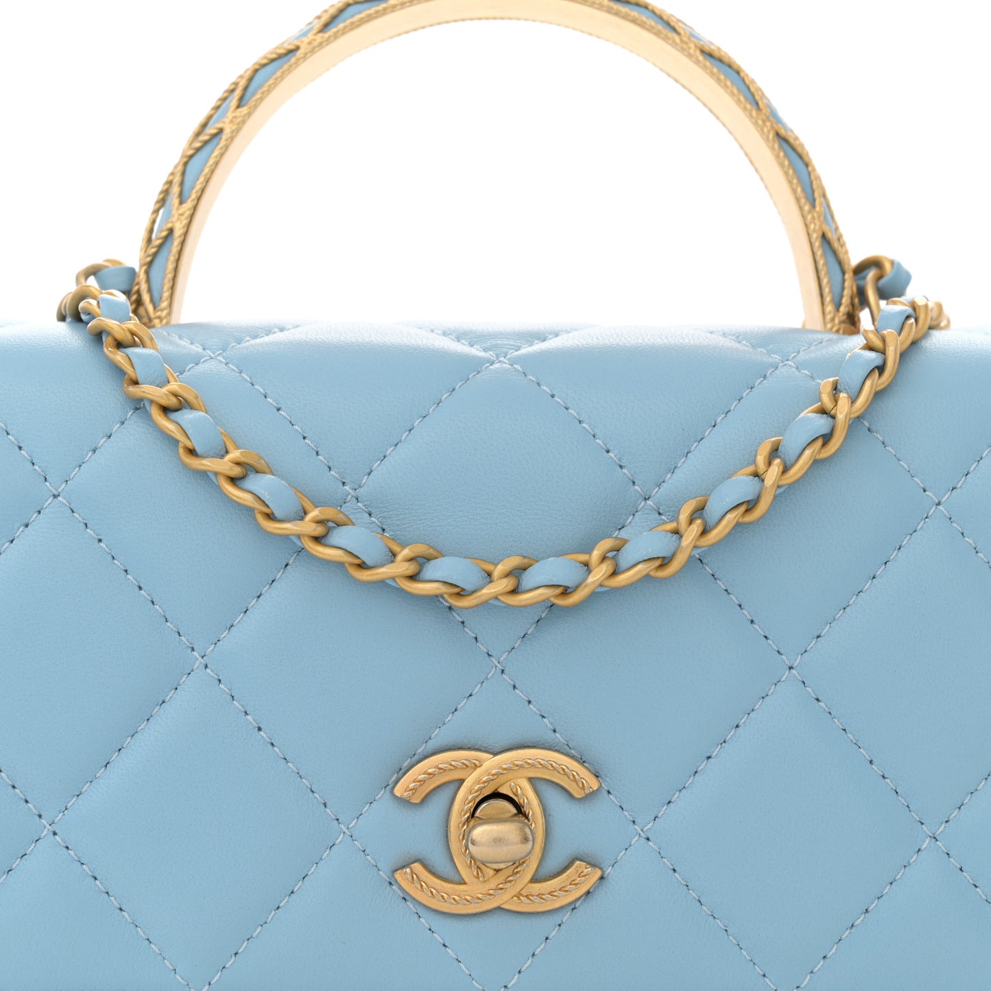 Lambskin Metal Quilted Twist Top Handle Flap With Chain Light Blue