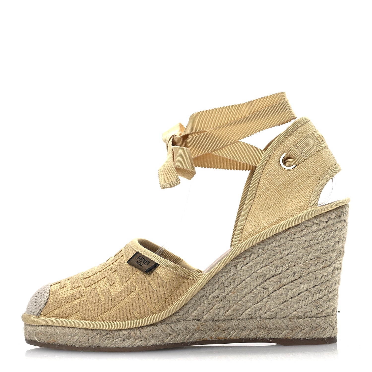 Fendi Canvas FF Embroidered Roma Ankle Wrap Wedge Espadrilles 40 Natural 1 of 12