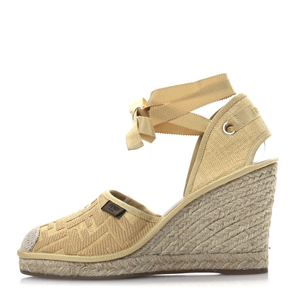 Fendi Canvas FF Embroidered Roma Ankle Wrap Wedge Espadrilles 40 Natural 1 of 12