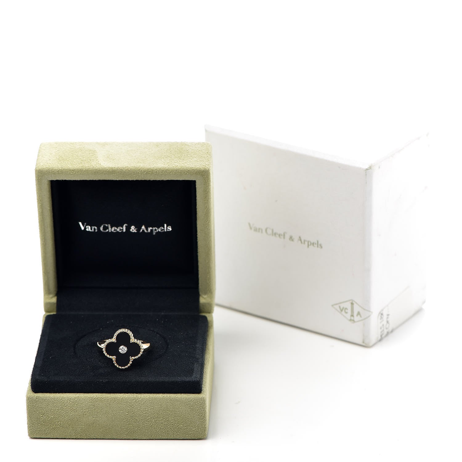 Van Cleef & Arpels 18K Yellow Gold Black Onyx Diamond Vintage Alhambra Ring 52 6 6 of 6