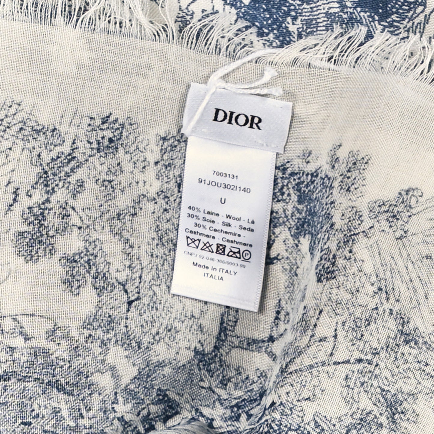Wool Cashmere Silk Toile De Jouy Stole Blue
