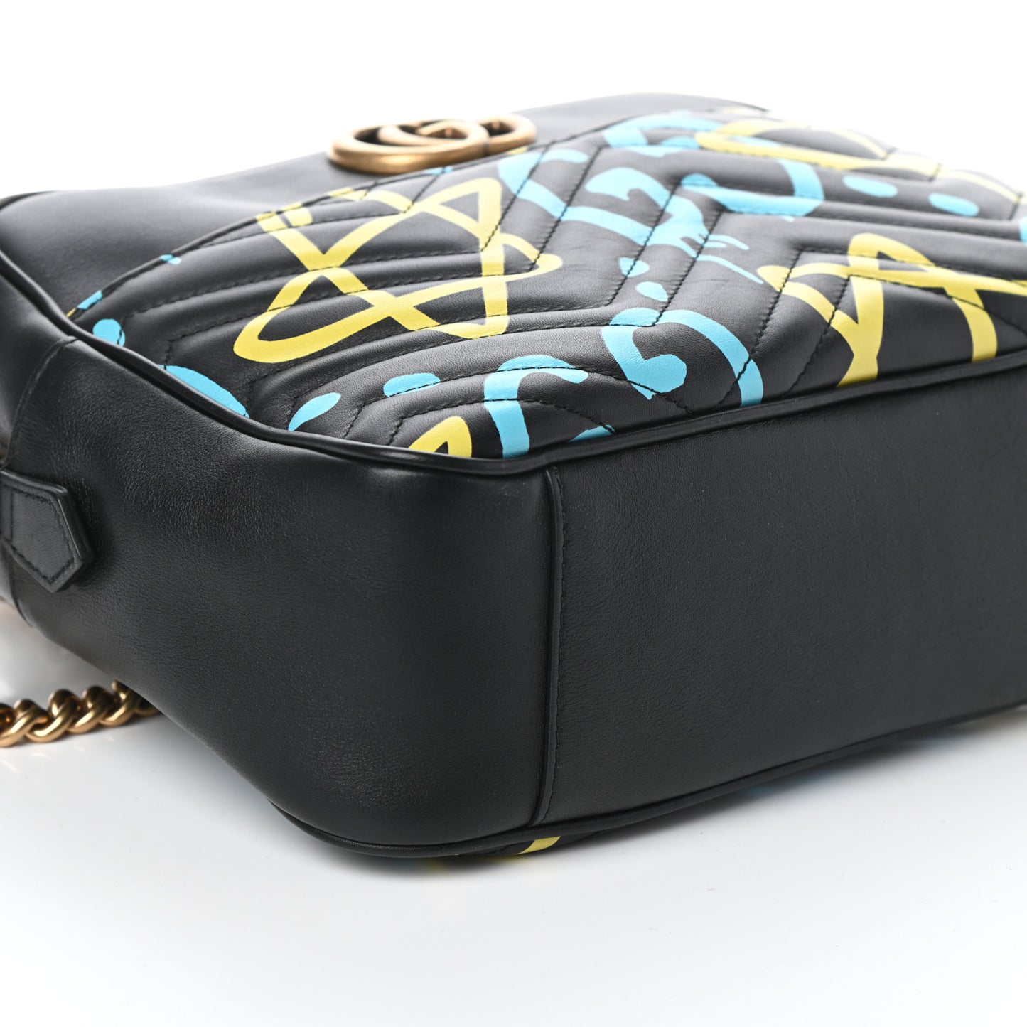 Calfskin Matelasse GucciGhost Medium GG Marmont Chain Shoulder Bag Black New Acquamarine