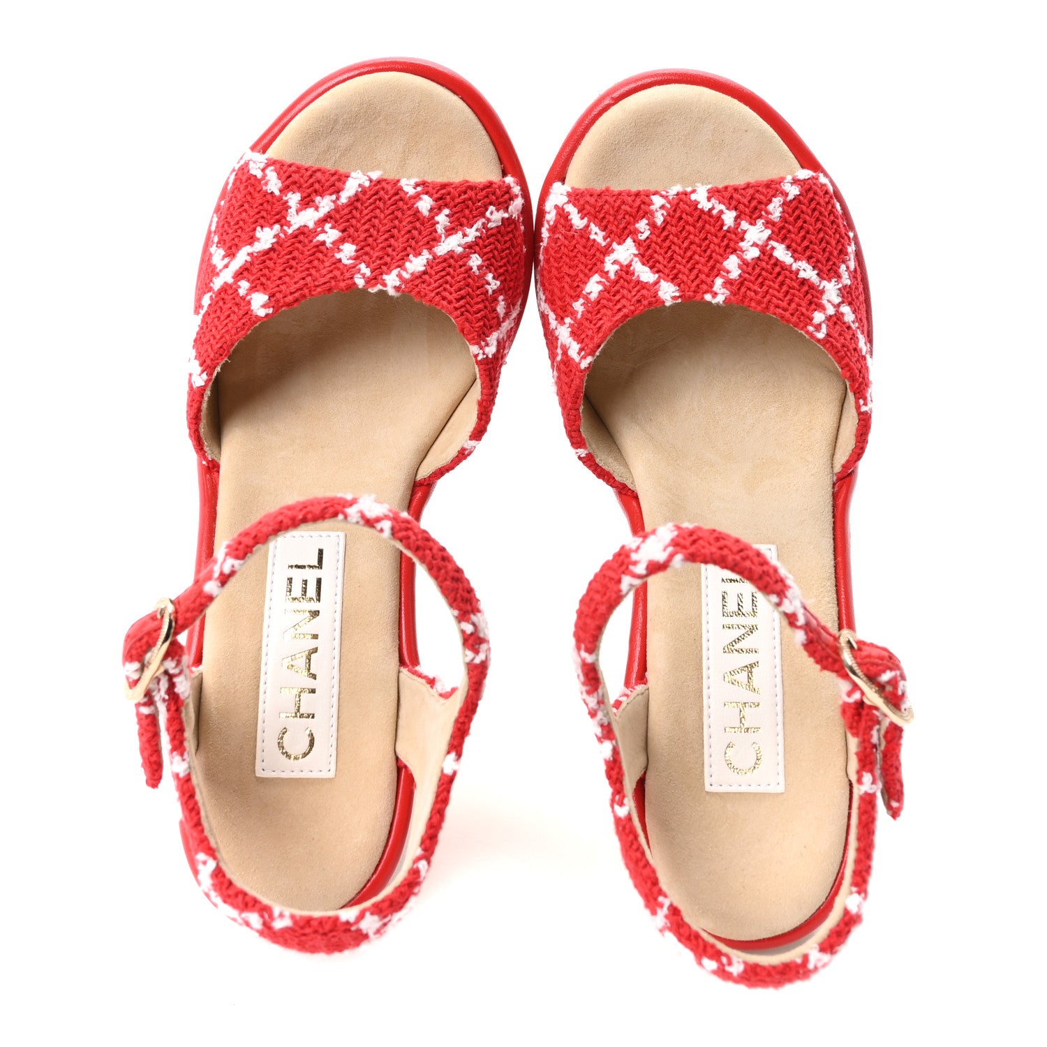 Chanel Cotton Tweed Cork CC Wedge Sandals 37 Red White 2 of 10