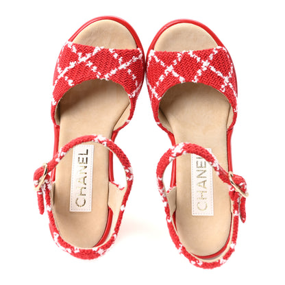 Chanel Cotton Tweed Cork CC Wedge Sandals 37 Red White 2 of 10