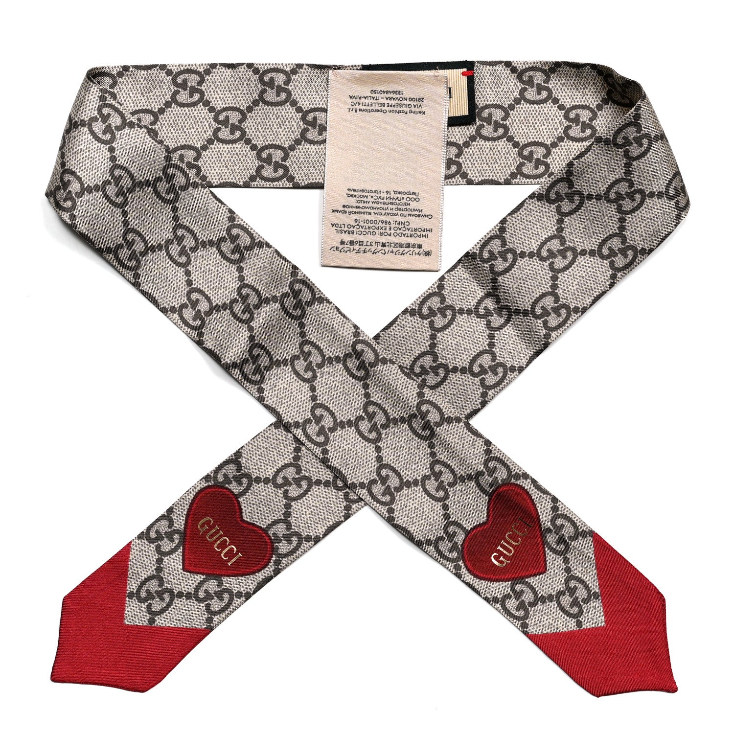 Gucci Silk Twill GG Monogram Guccilovvy Neck Bow Scarf Beige Red 1 of 4