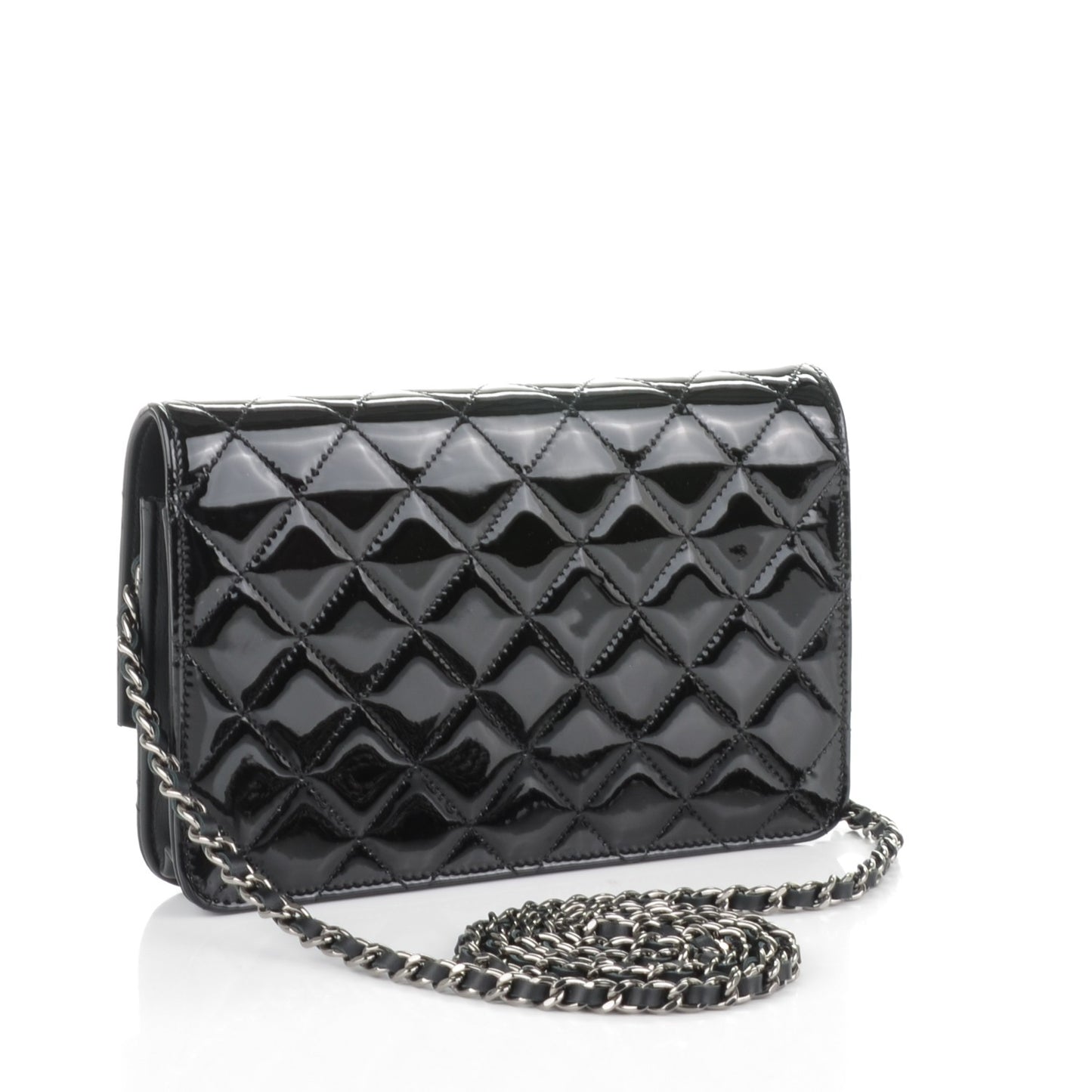 Patent Quilted Brilliant Wallet On Chain WOC Black