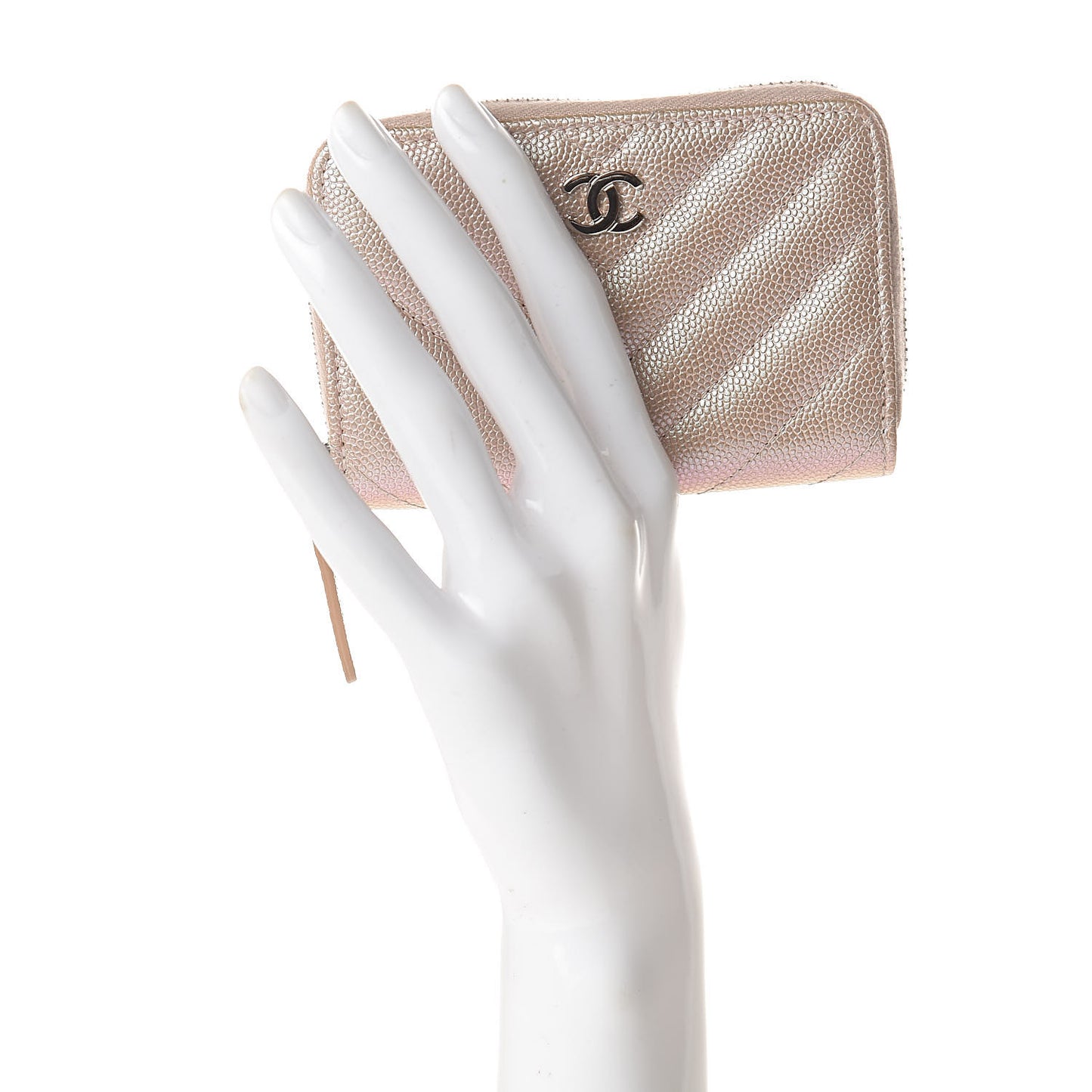 Metallic Caviar Chevron Quilted Zip Around Coin Purse Light Gold