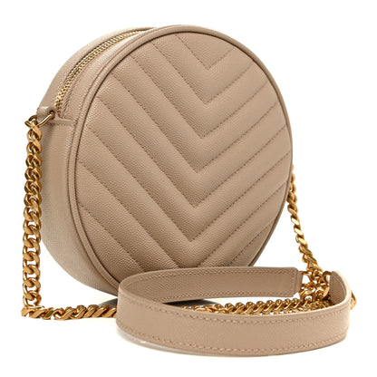 Saint Laurent Grain De Poudre Matelasse Chevron Quilted Round Vinyle Camera Bag Dark Beige 3 of 10