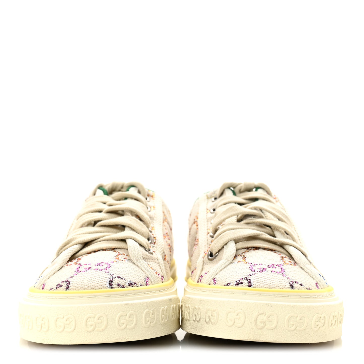 Canvas Lame Crystal GG Monogram Womens 1977 Tennis Sneakers 36 Gardenia Silver Mystic White