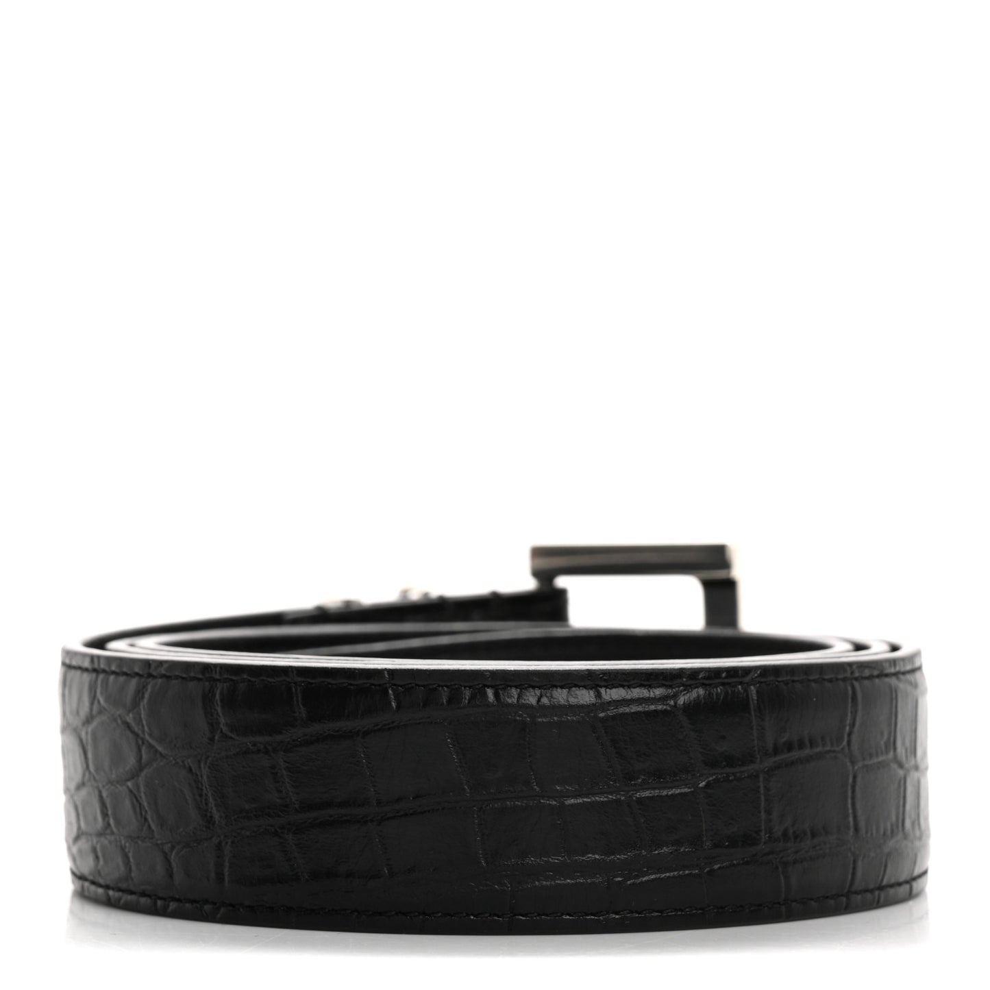 Calfskin Crocodile Embossed Monogram Square Buckle Belt Black