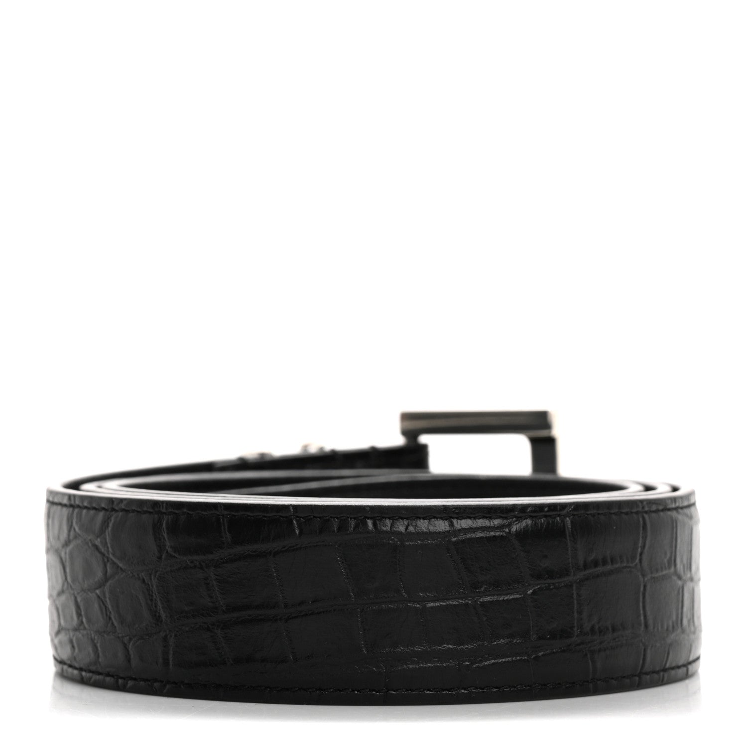 Saint Laurent Calfskin Crocodile Embossed Monogram Square Buckle Belt Black 2 of 7