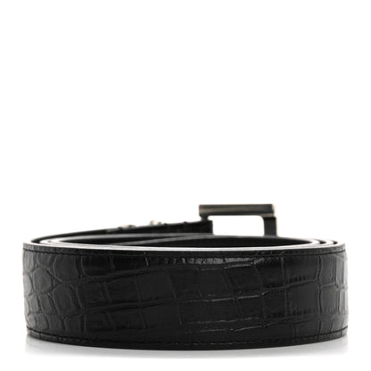 Saint Laurent Calfskin Crocodile Embossed Monogram Square Buckle Belt Black 2 of 7