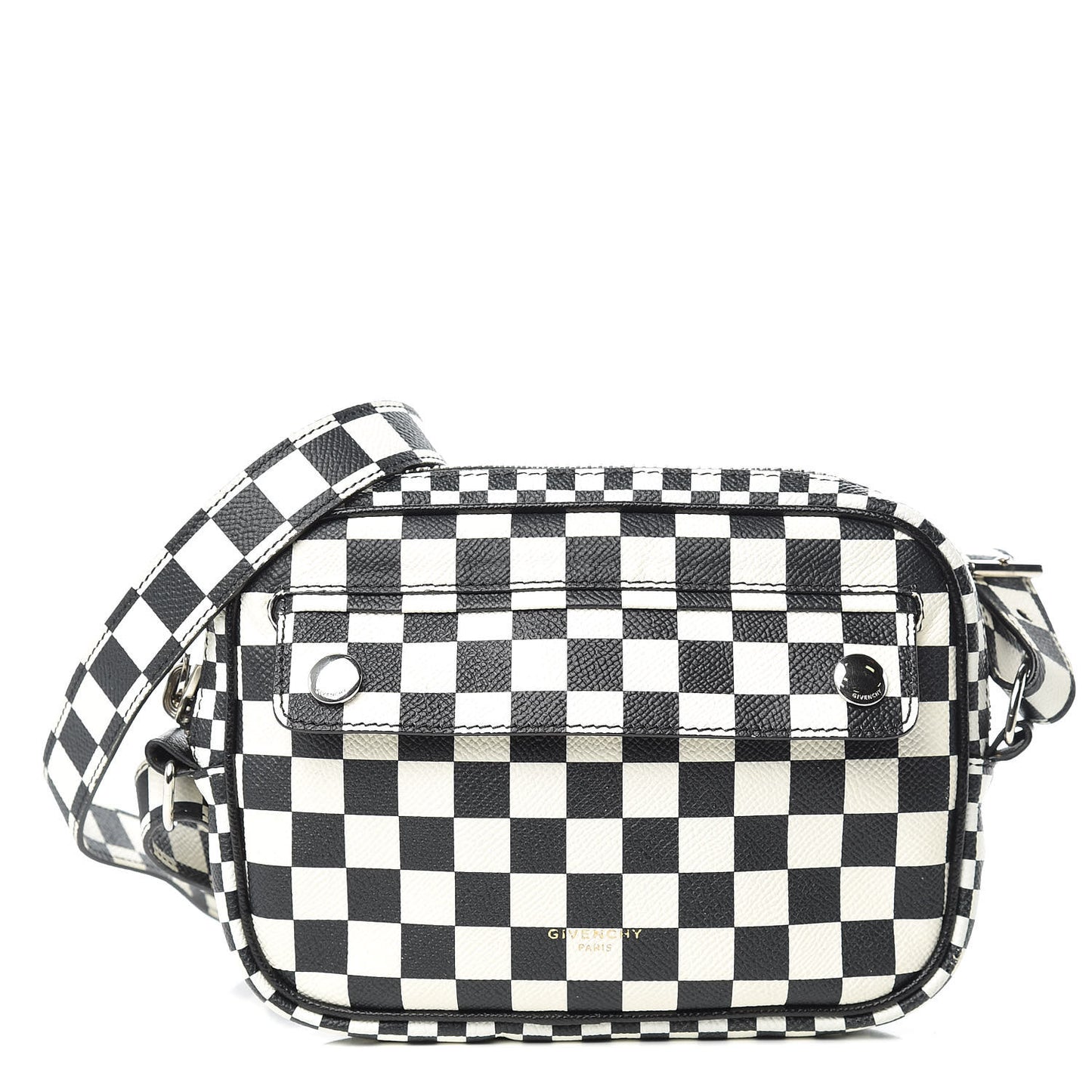 Grained Calfskin Checkered Print Messenger Black White
