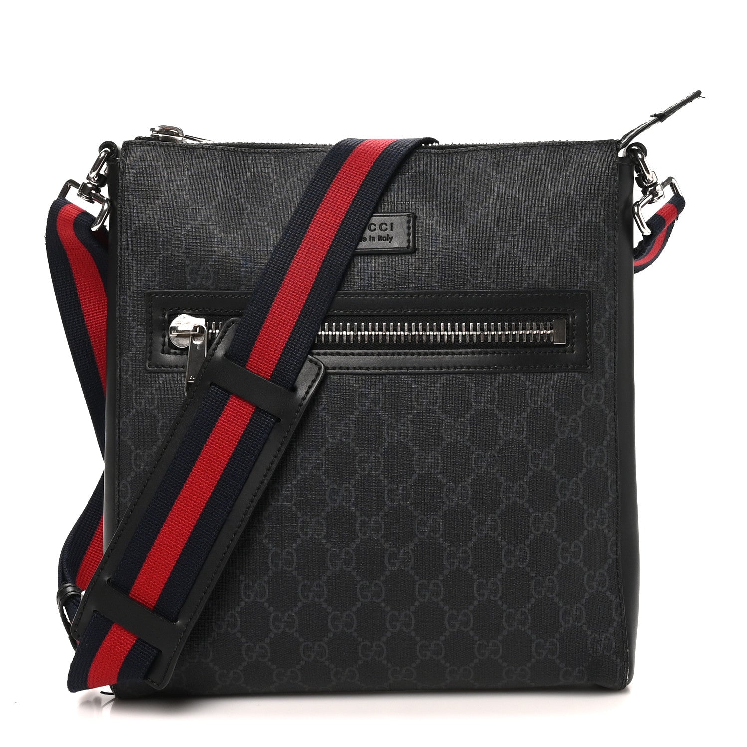 Gucci GG Supreme Monogram Appia Calfskin Web Flat Messenger Bag Black Grey 1 of 12