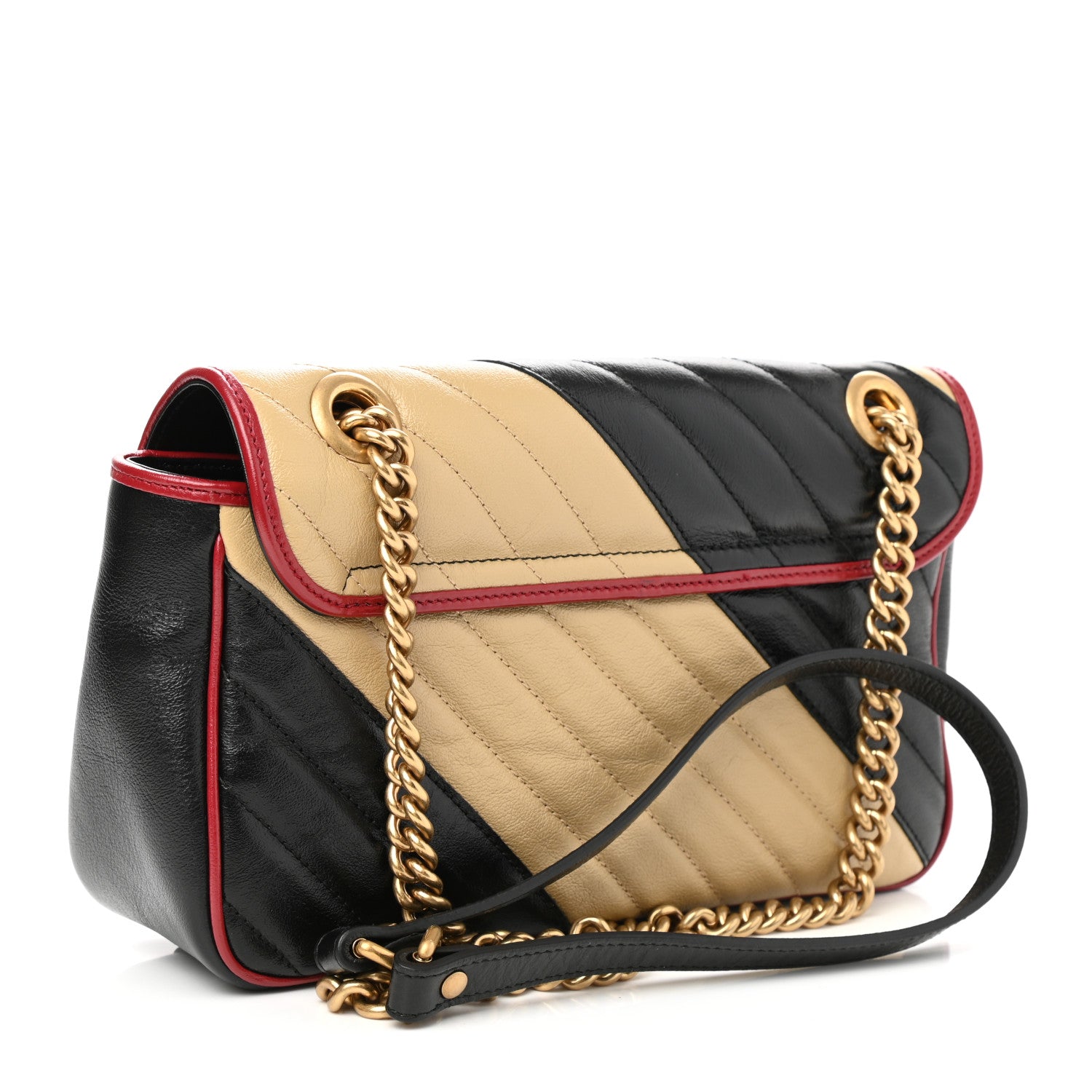 Gucci Vintage Effect Calfskin Matelasse Diagonal Striped Small Torchon GG Marmont Shoulder Bag Black Beige 2 of 11