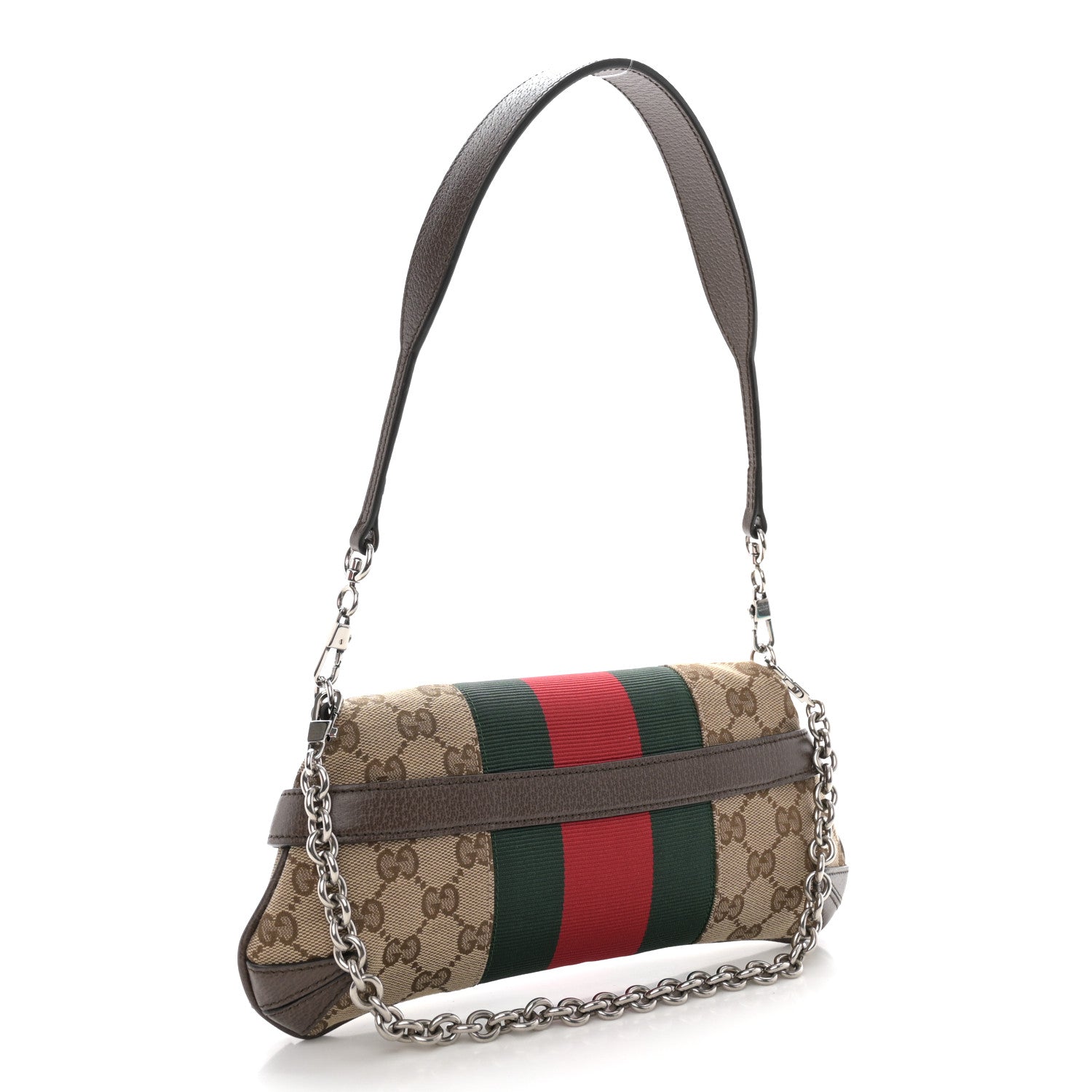 Gucci Monogram Textured Dollar Calfskin Heavy Grosgrain Web Small Maxi Horsebit Chain Shoulder Bag Beige Ebony New Acero 3 of 11