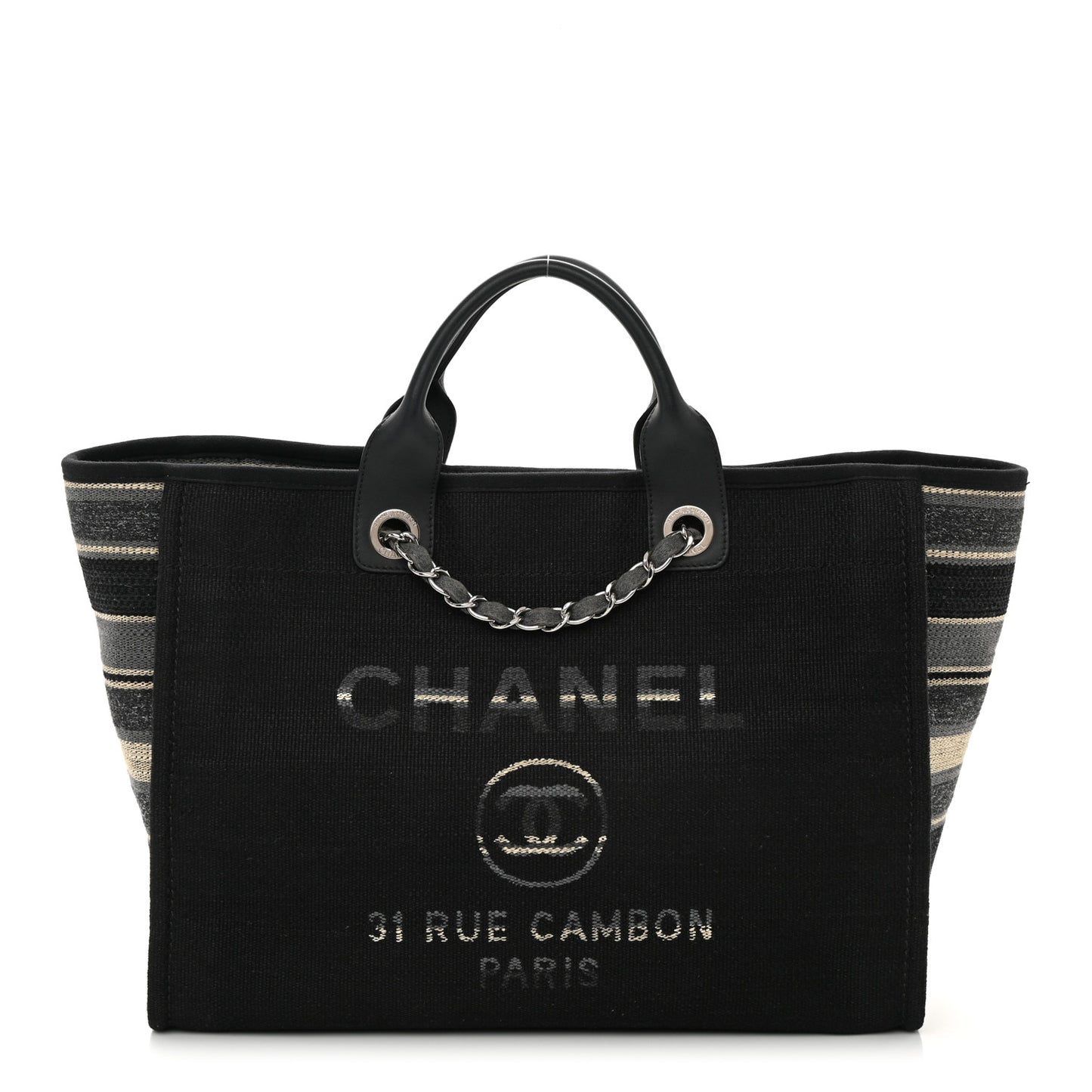 Striped Canvas Medium Deauville Tote Grey Black
