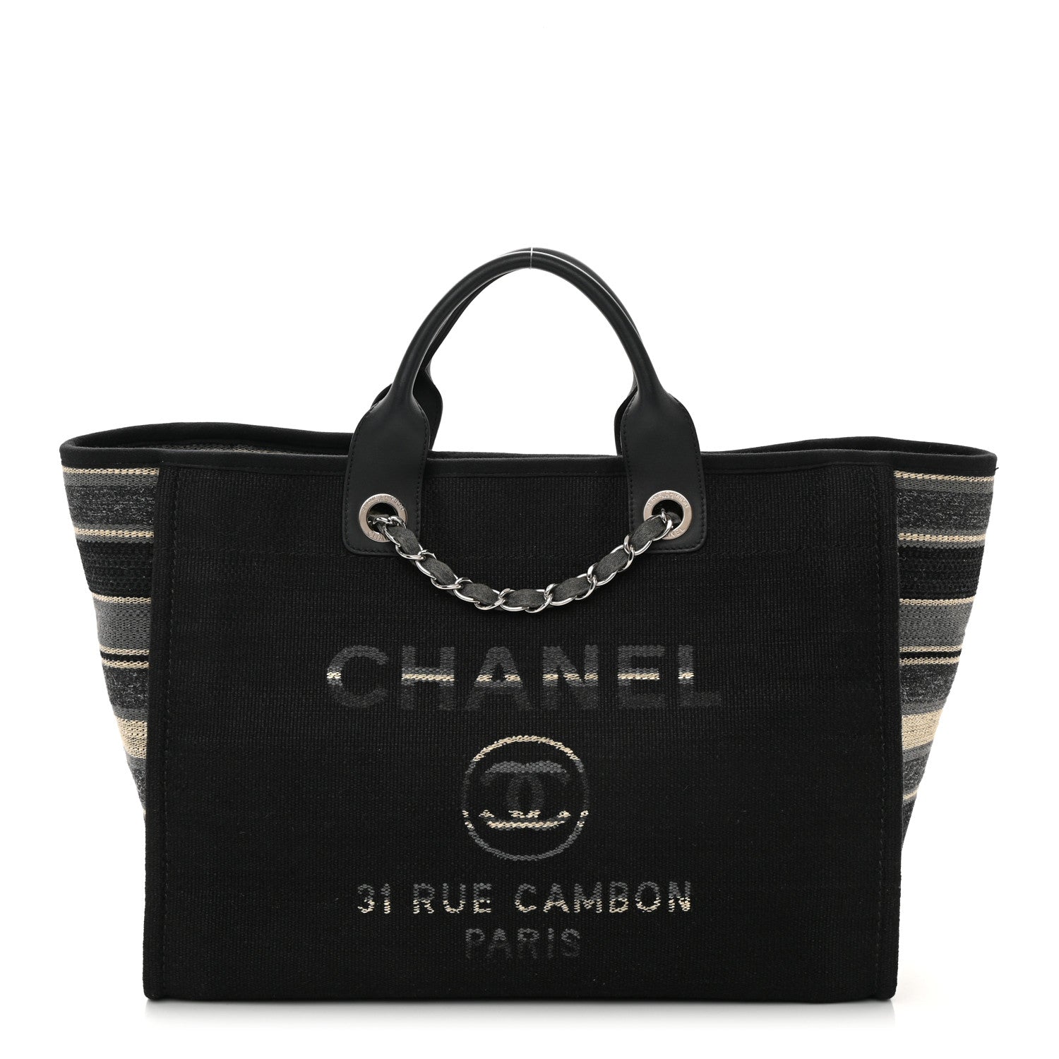 Chanel Striped Canvas Medium Deauville Tote Grey Black 1 of 14