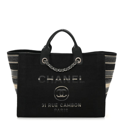 Chanel Striped Canvas Medium Deauville Tote Grey Black 1 of 14