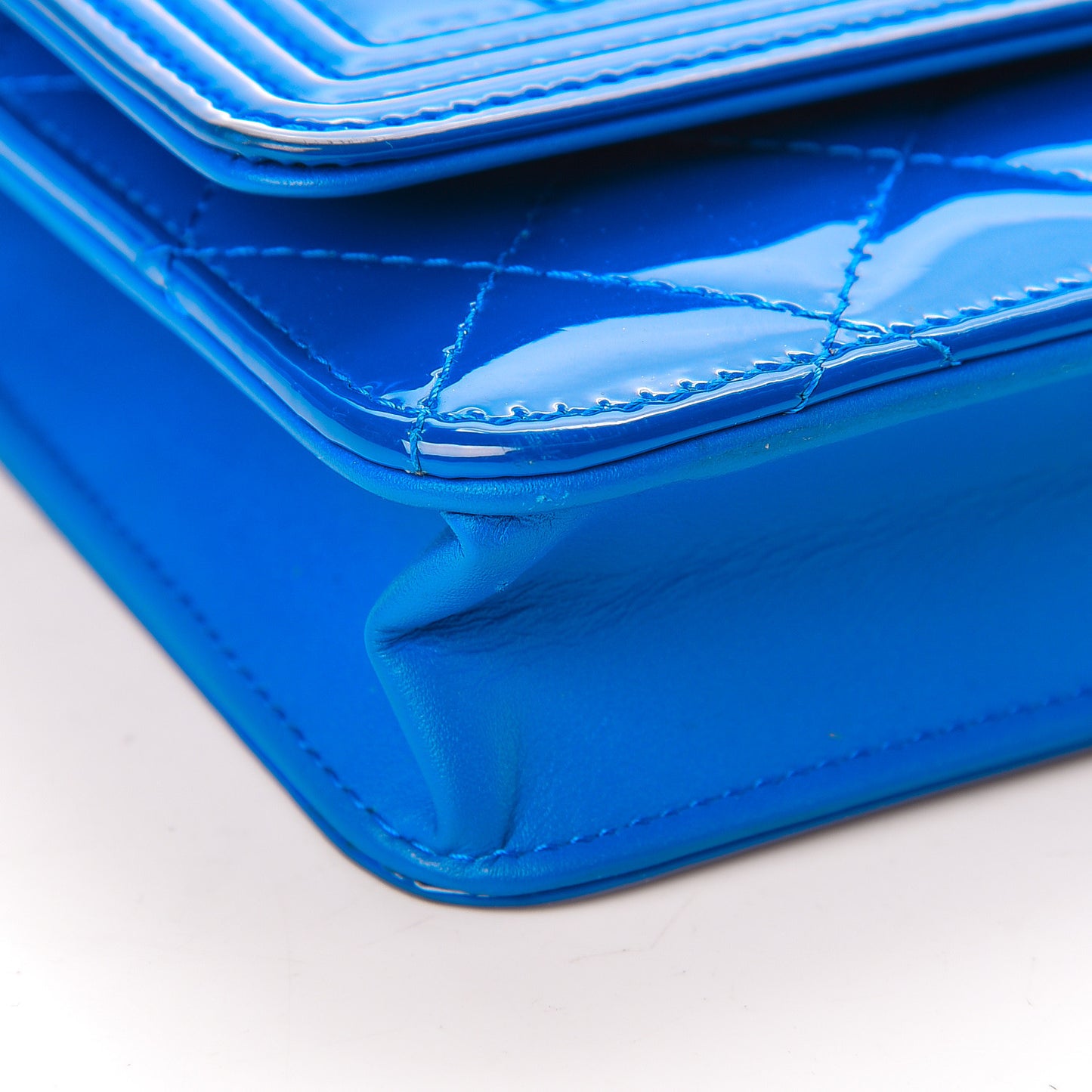 Patent Calfskin Quilted Boy Wallet On Chain WOC Dark Blue