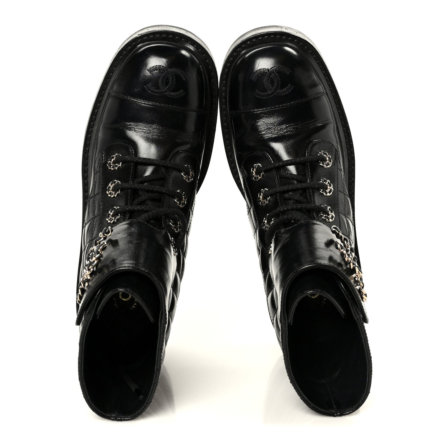Chanel Shiny Calfskin Quilted Lace Up Combat Boots 37 Black 2 of 11