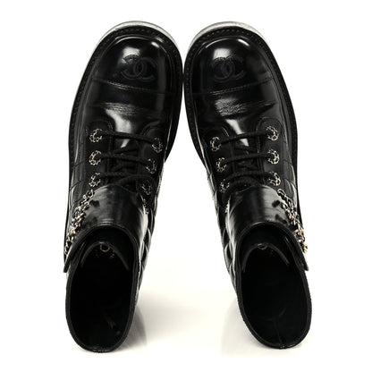 Chanel Shiny Calfskin Quilted Lace Up Combat Boots 37 Black 2 of 11