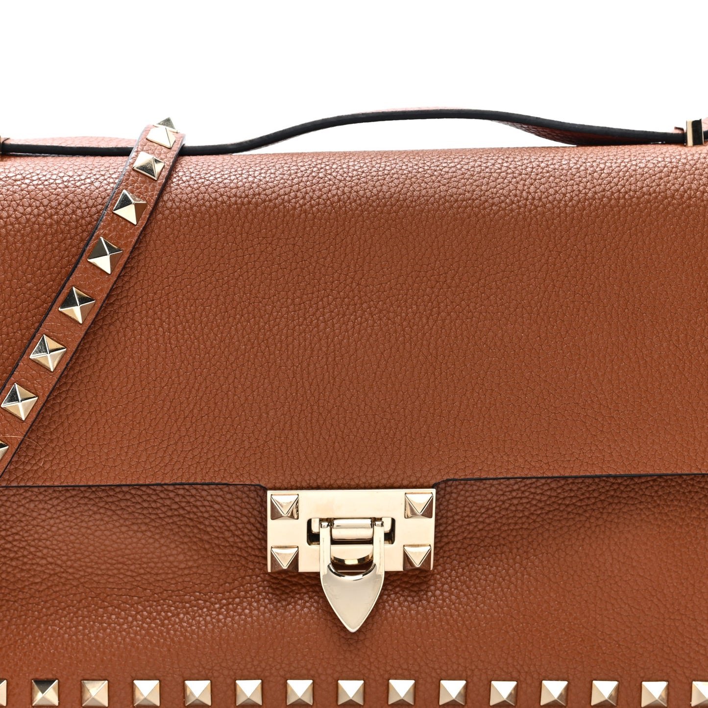 Pebbled Calfskin Rockstud Flip Lock Shoulder Flap Bag Brown