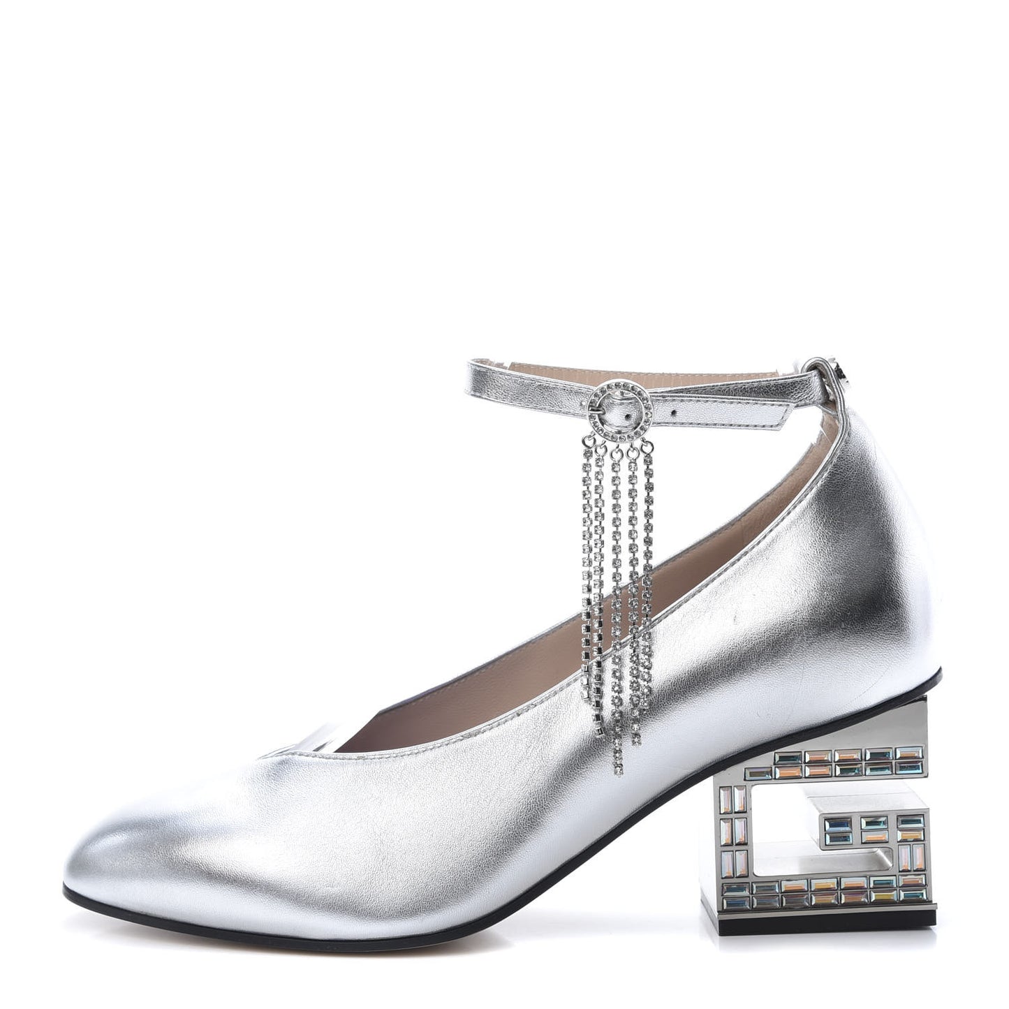 Metallic Nappa Crystal Square G Mid Heel Pumps 38 Silver