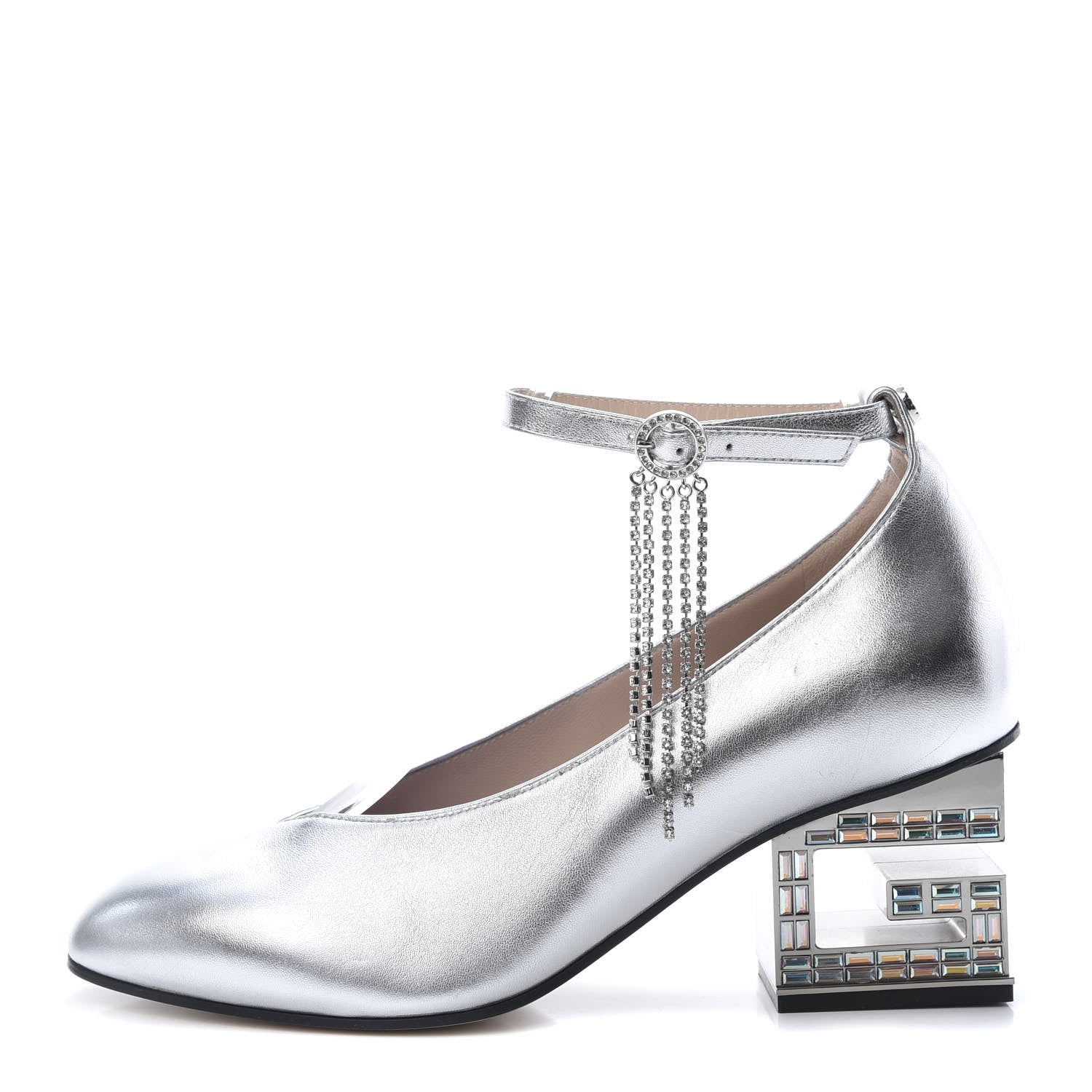 Gucci Metallic Nappa Crystal Square G Mid Heel Pumps 38 Silver 1 of 11