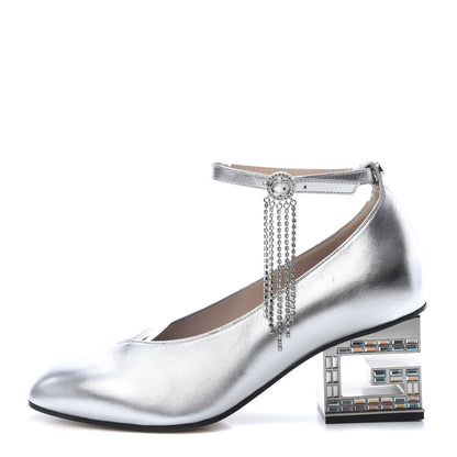 Gucci Metallic Nappa Crystal Square G Mid Heel Pumps 38 Silver 1 of 11