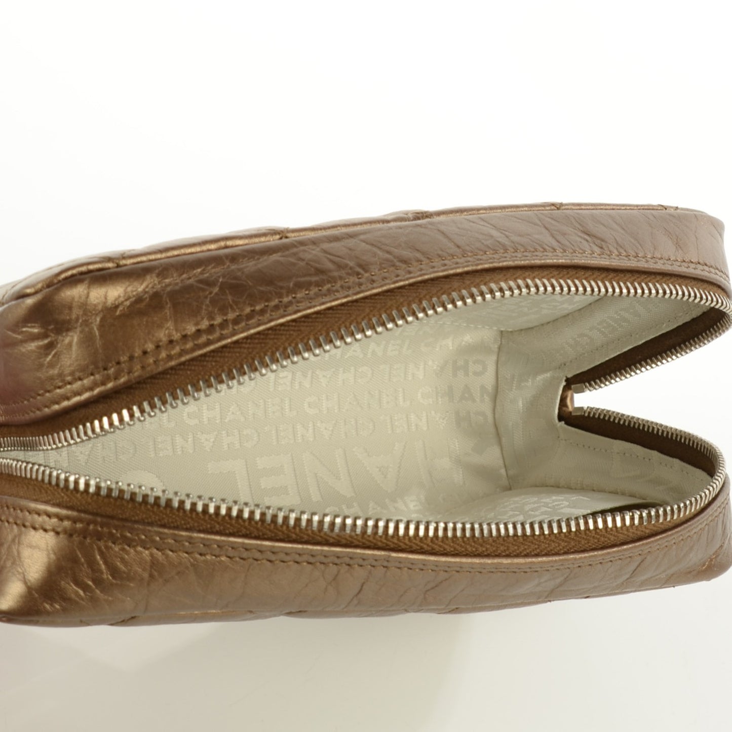 Aged Metallic Calfskin Quilted Cambon Cosmetic Case Bronze