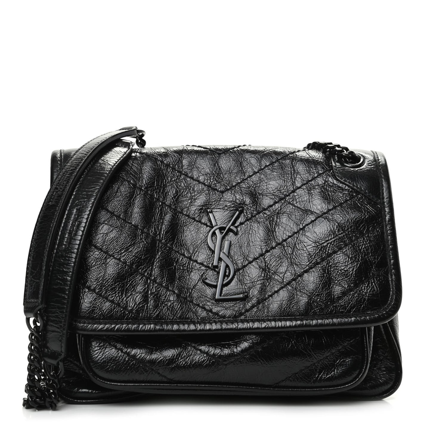 Crinkled Calfskin Matelasse Monogram Baby Niki Chain Satchel Black