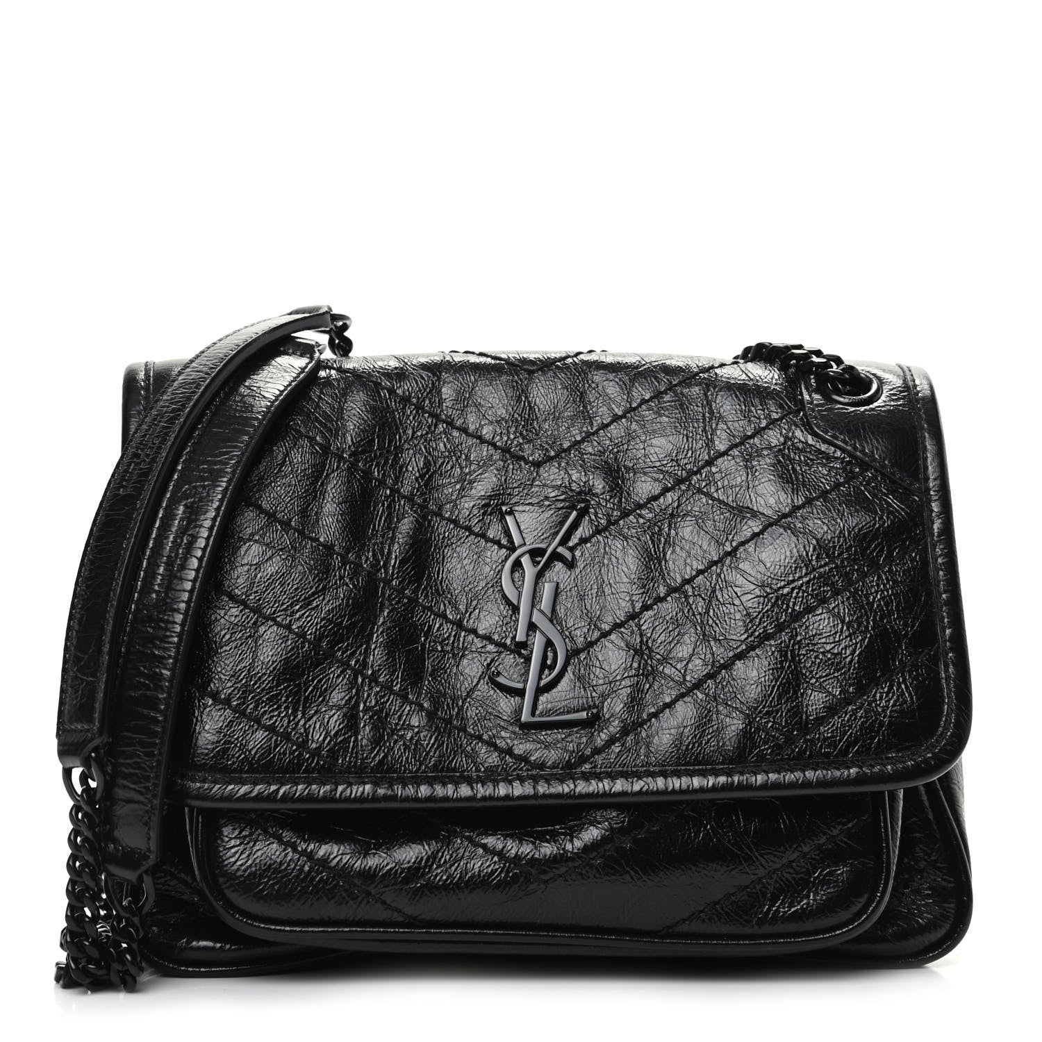 Saint Laurent Crinkled Calfskin Matelasse Monogram Baby Niki Chain Satchel Black 1 of 9