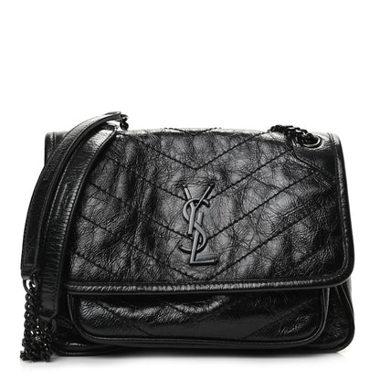 Saint Laurent Crinkled Calfskin Matelasse Monogram Baby Niki Chain Satchel Black 1 of 9