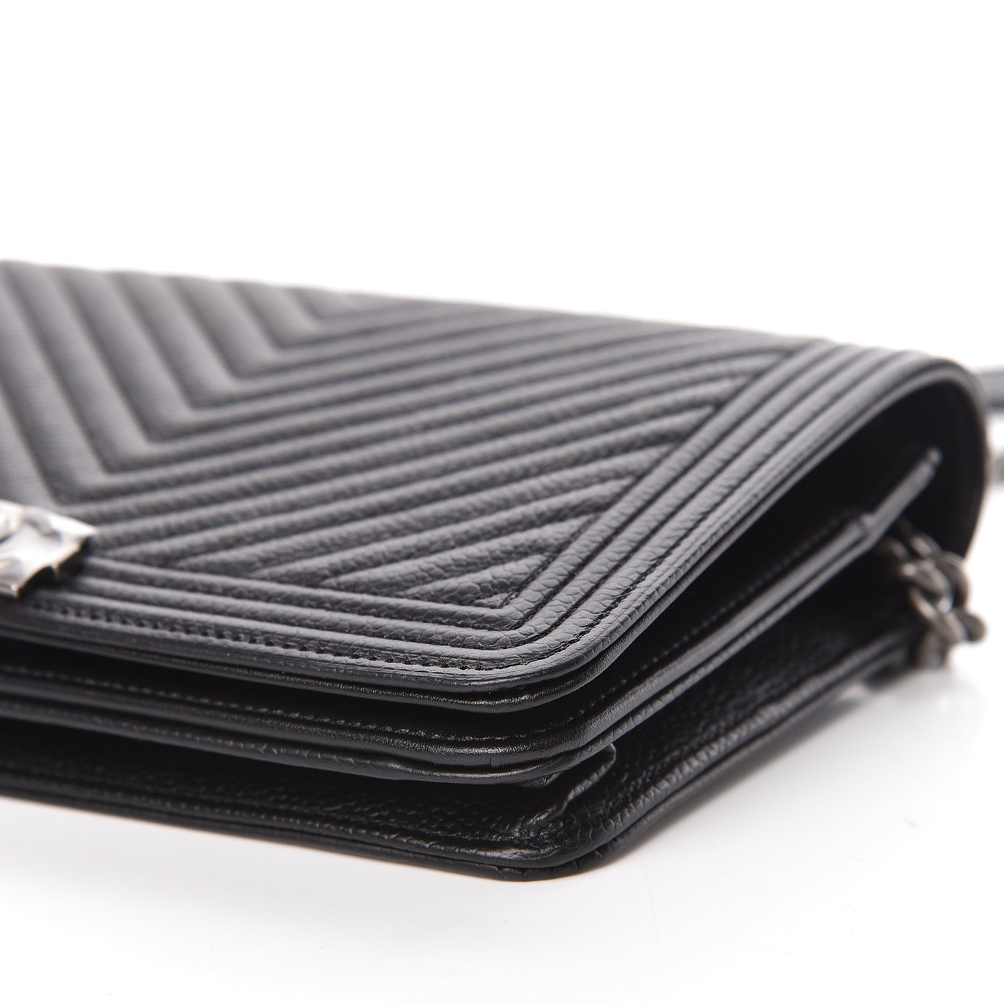 Grained Calfskin Chevron Quilted Boy Wallet On Chain WOC Black