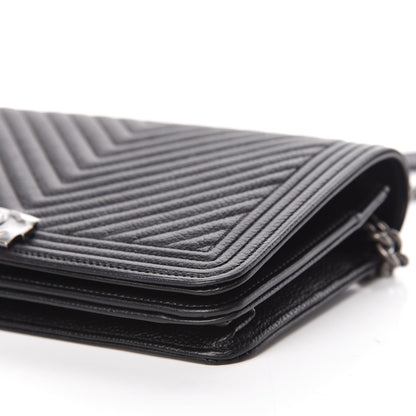 Chanel Grained Calfskin Chevron Quilted Boy Wallet On Chain WOC Black 10 of 14