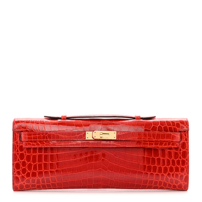 Hermes Shiny Niloticus Crocodile Kelly Cut Pochette Geranium 1 of 9